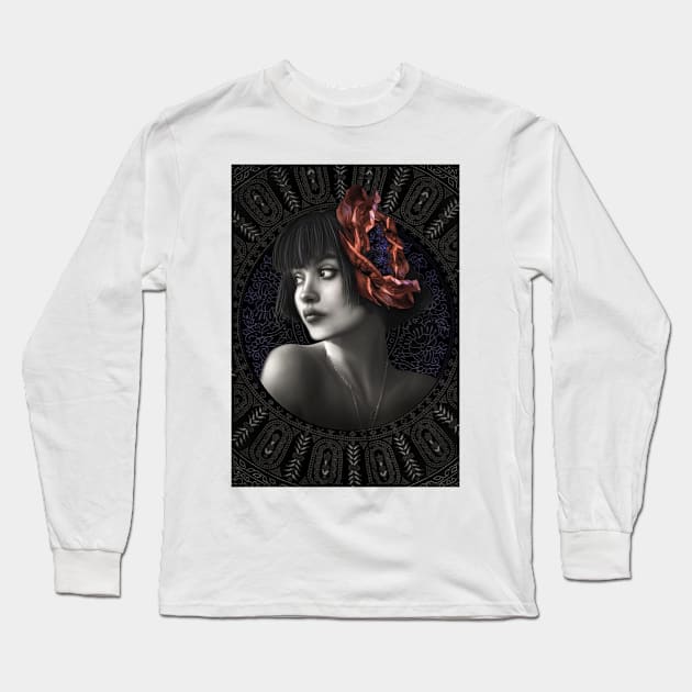 Red Poppy portrait girl digital art Long Sleeve T-Shirt by Relaxing Art Shop